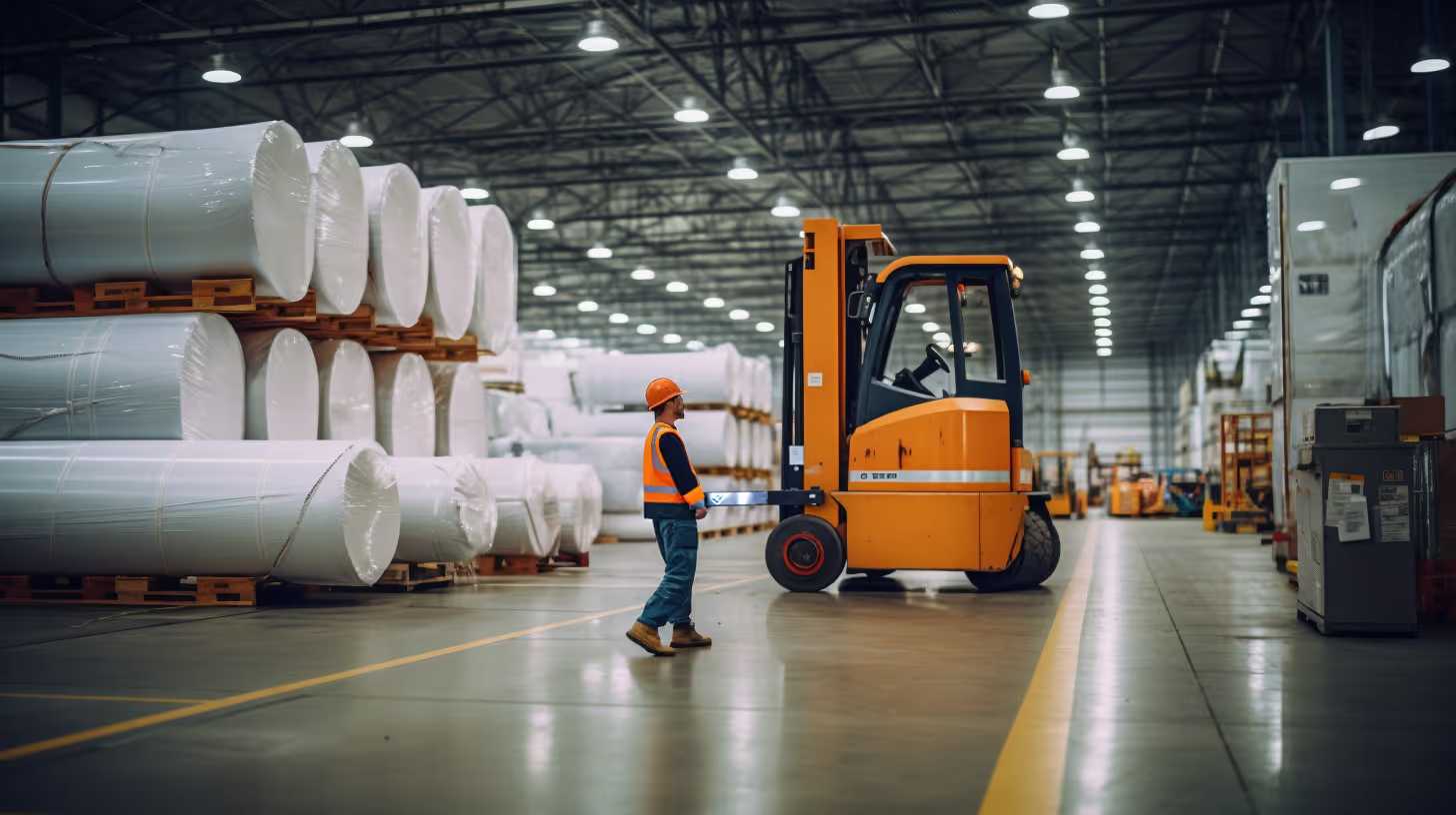 Warehouse floor with paper rolls inventory, worker and fork lift
