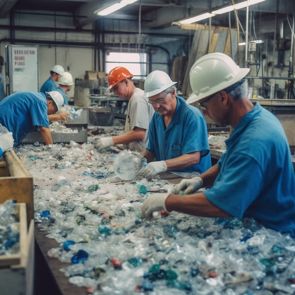 Professionals at work in a plastics recycling facility, showcasing their expertise in sorting and repurposing plastics, workers very attentive to sorting through the plastic, very clean facility
