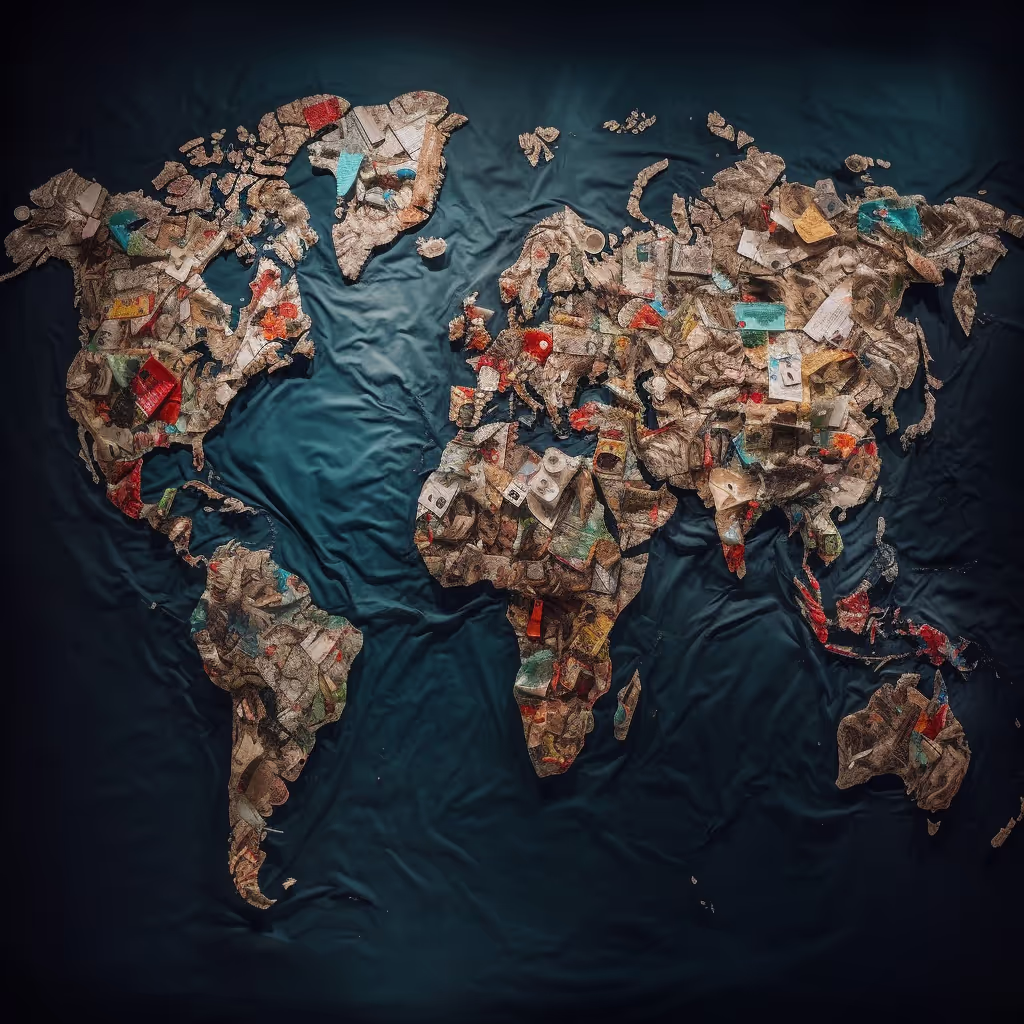 A world map with an overlay of recycled paper and plastic products representing the different countries
