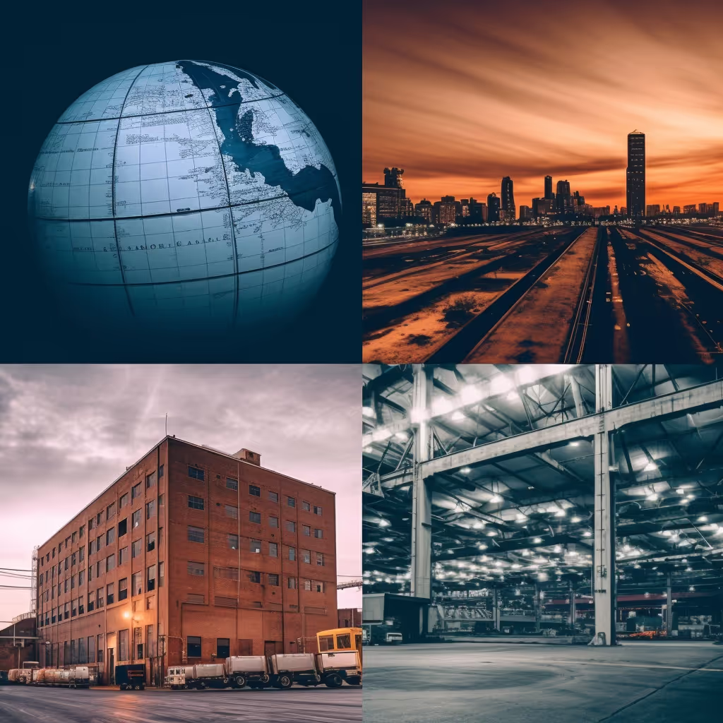 A collage of images that represent the growth of a business, images include small warehouse, a larger warehouse plant, and a globe