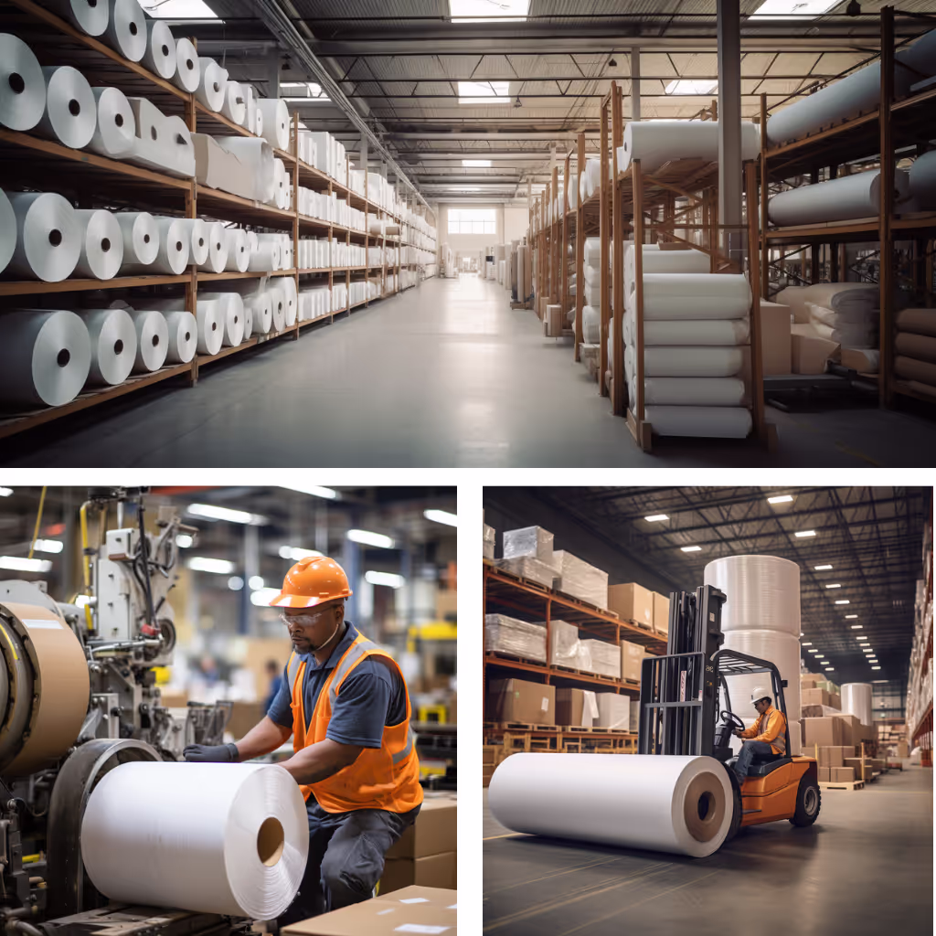Warehouse of paper rolls stacked, being prepared and ready to be transported