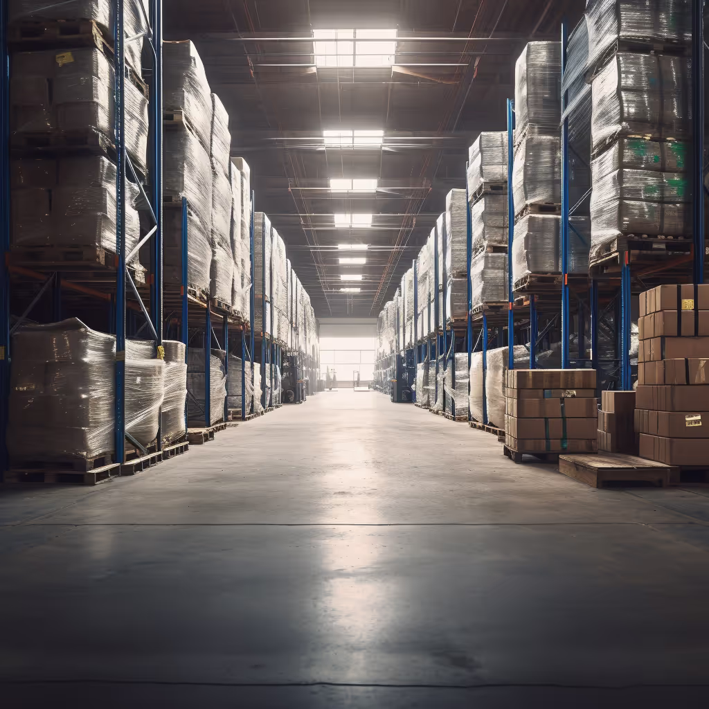 Warehouse interior with off - grade rolls and bales, high contrast, glow, cinematic
