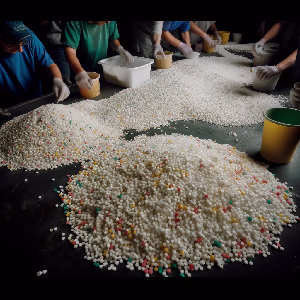 Recovery team working together to sort various LD pellets in a warehouse